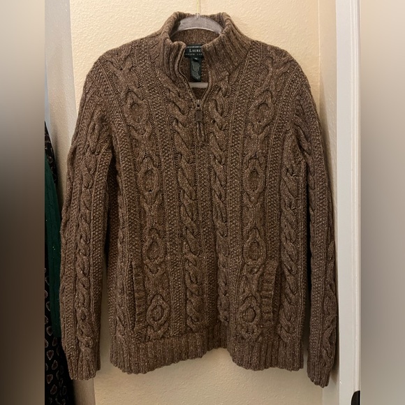 Lauren Ralph Lauren Hand Knit Brown Cable Knit 1/4 zip Sweater size Medium - Picture 1 of 13